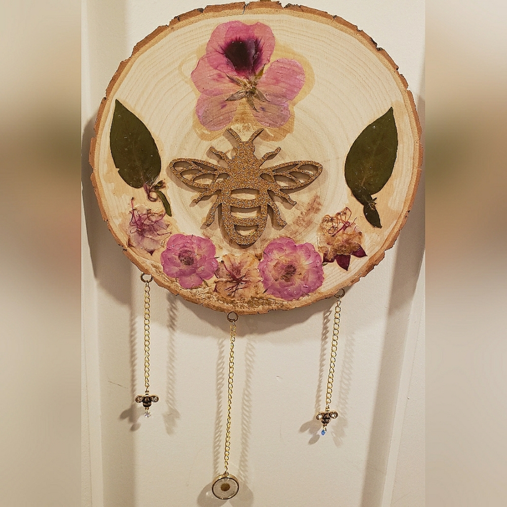 Handmade Beautiful Wall Art / Decor With Wood & Charms & Dried / Pressed Flowers